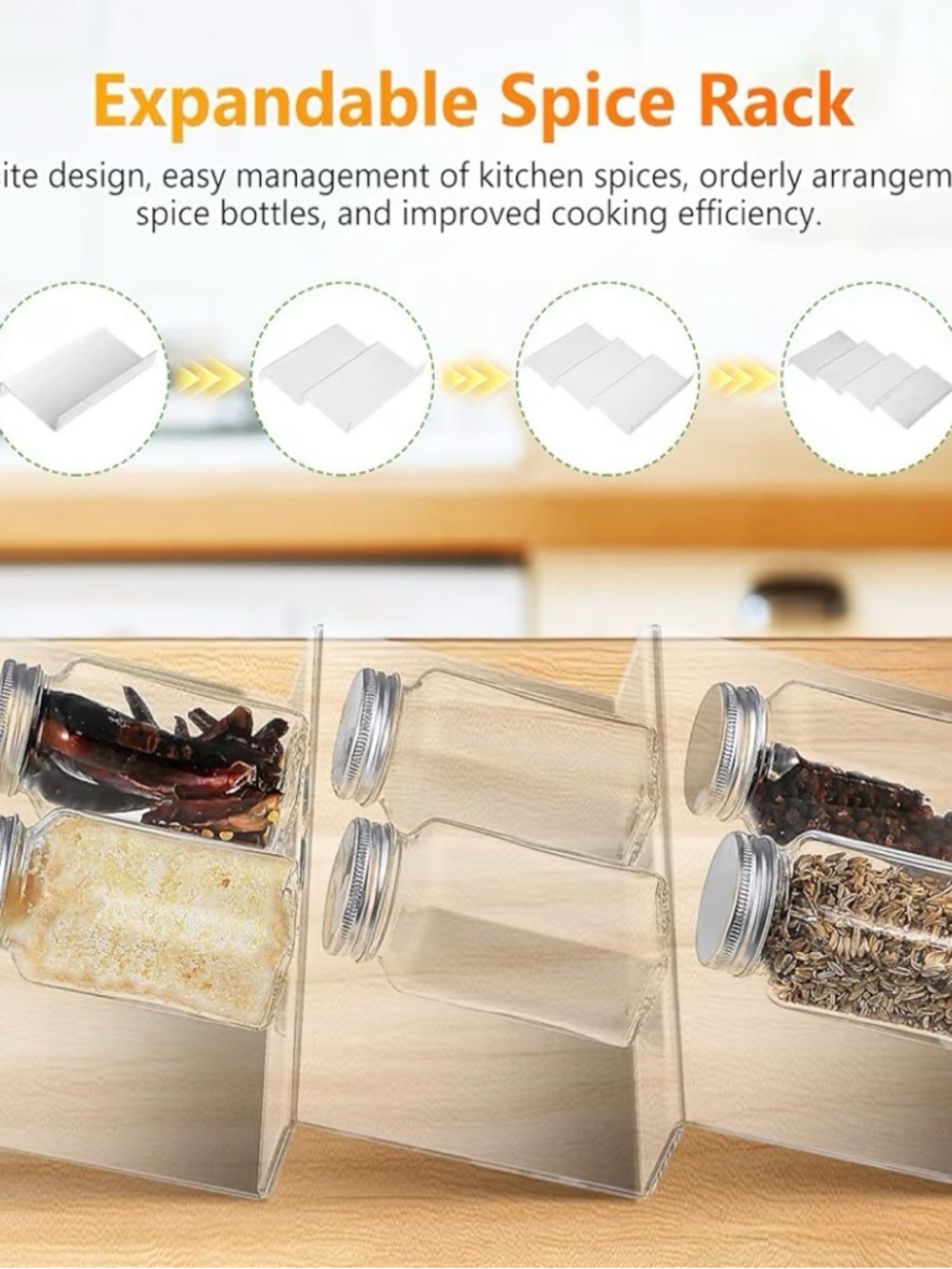 Clear Expandable Spice Rack Organizer - Adjustable Kitchen Storage - 4pc Set